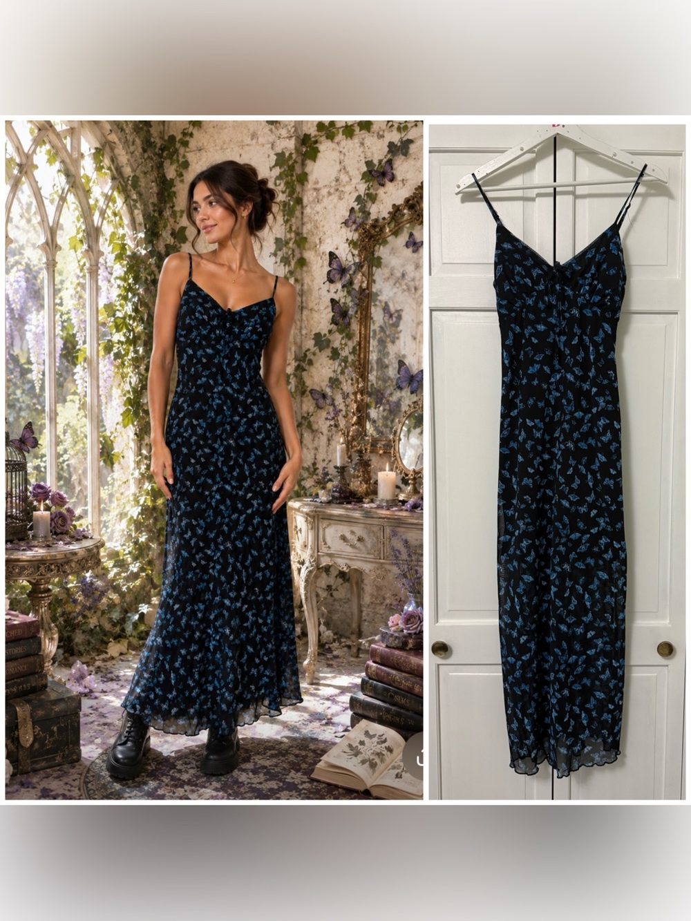 No Comment Black & Blue Butterfly Maxi Slip Dress Baby Doll Top Whimsigoth Med